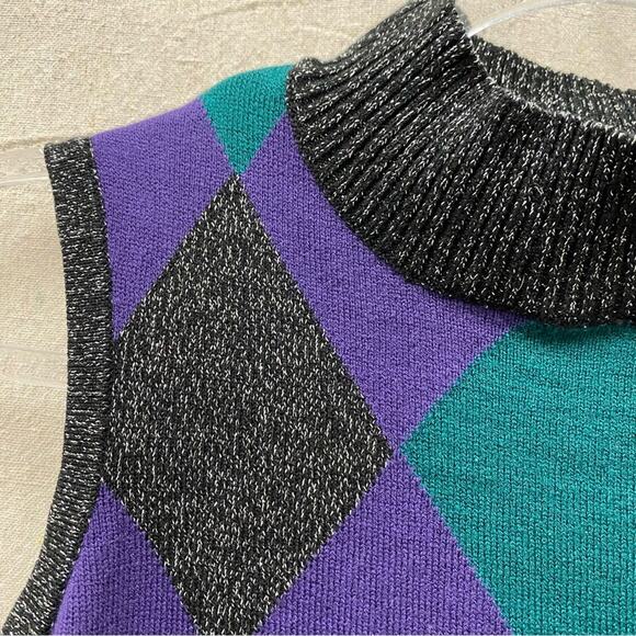 Vintage 90s argyle metallic accent sleeveless mock neck sweater Size‎ Small - Picture 6 of 12